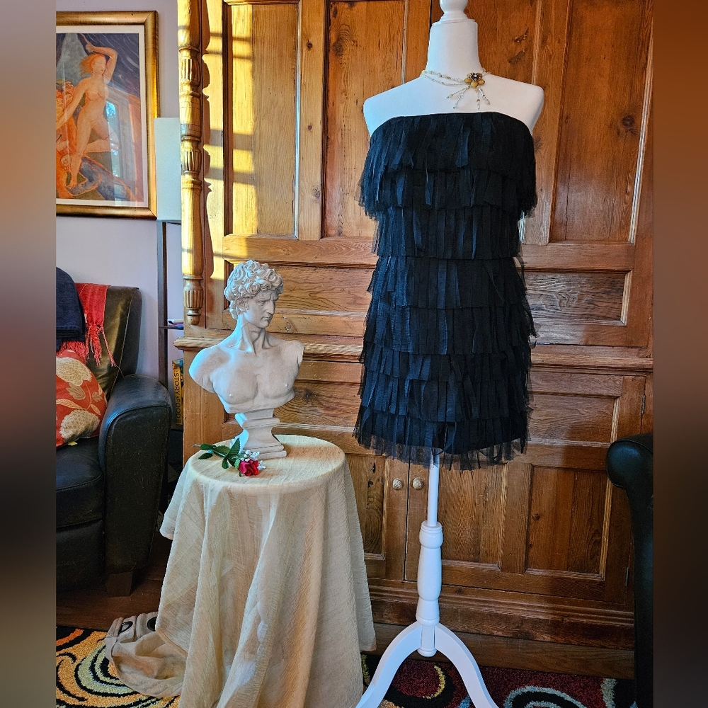Ann Taylor Vintage strapless tulle fringe layered black mini dress
